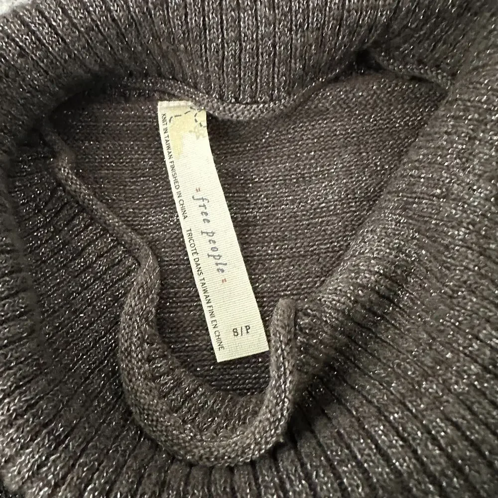 Free People Shimmer Gray Ribbed Turtleneck Sweater Long Sleeve Cutout Size Small